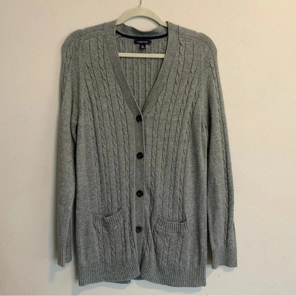 Land’s End Womens Gray Wool Cotton Cable Knit Cardigan Sweater Button Front Med - Picture 1 of 9